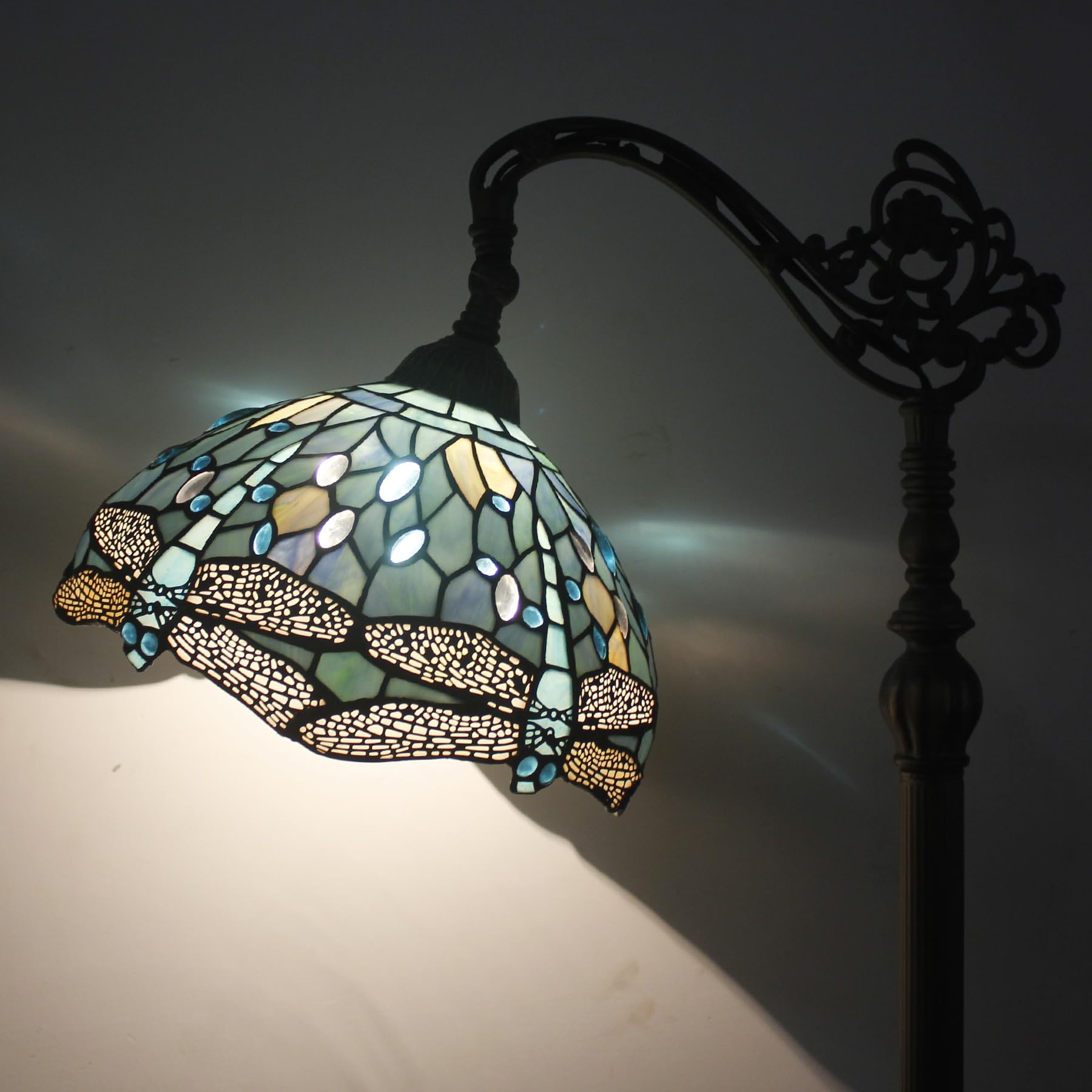 WERFACTORY Tiffany Floor Lamp Sea Blue Stained Glass Dragonfly